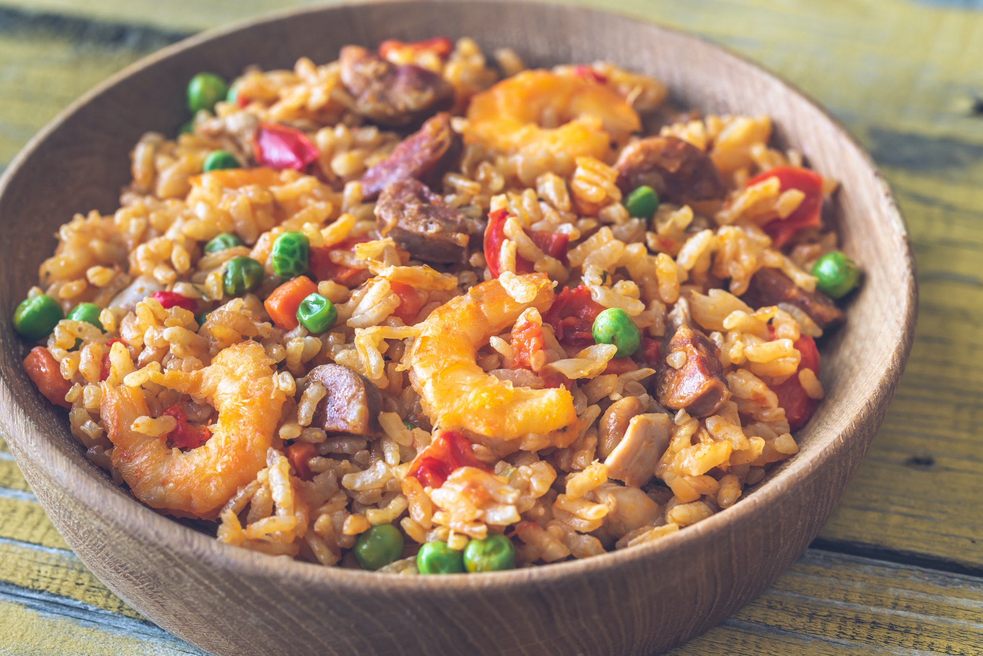 Bowl of chicken and chorizo paella