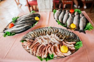 fresh seafood, fish, shrimps,squids, octopuses, sea bass