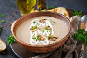 Mushroom cream soup. Vegan food. Dietary menu.